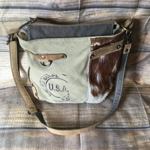 Myra Bag Handbags - Myra Canvas Cow Hide Cross Body Bag